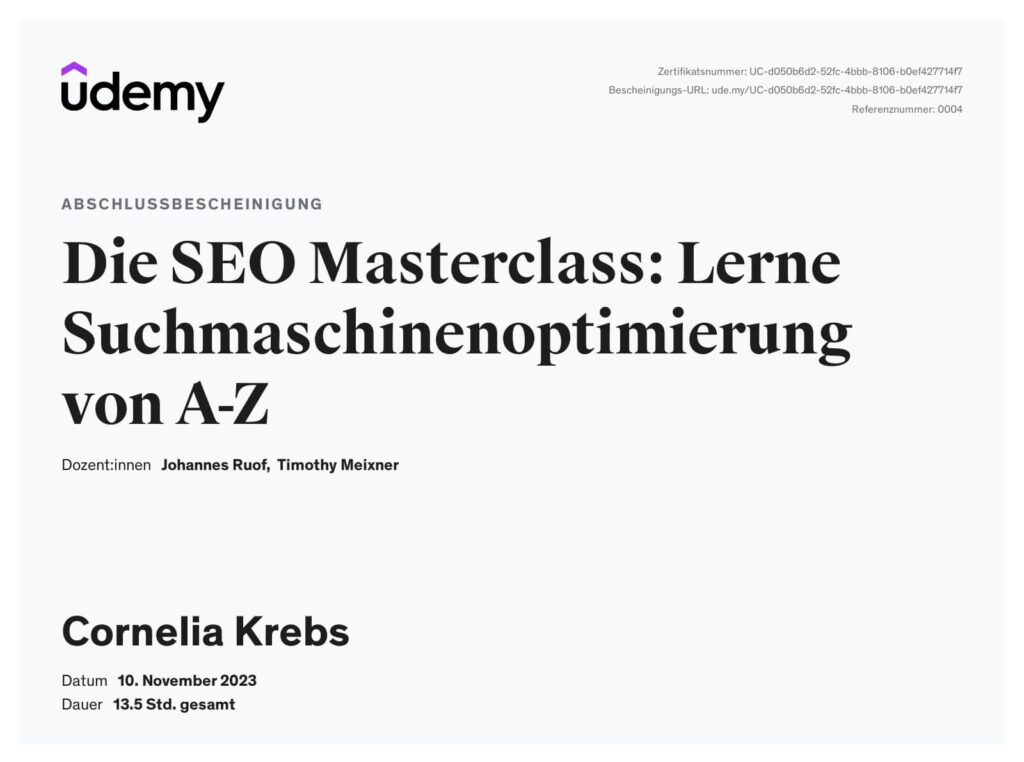 SEO Masterclass Abschluss zertifikat